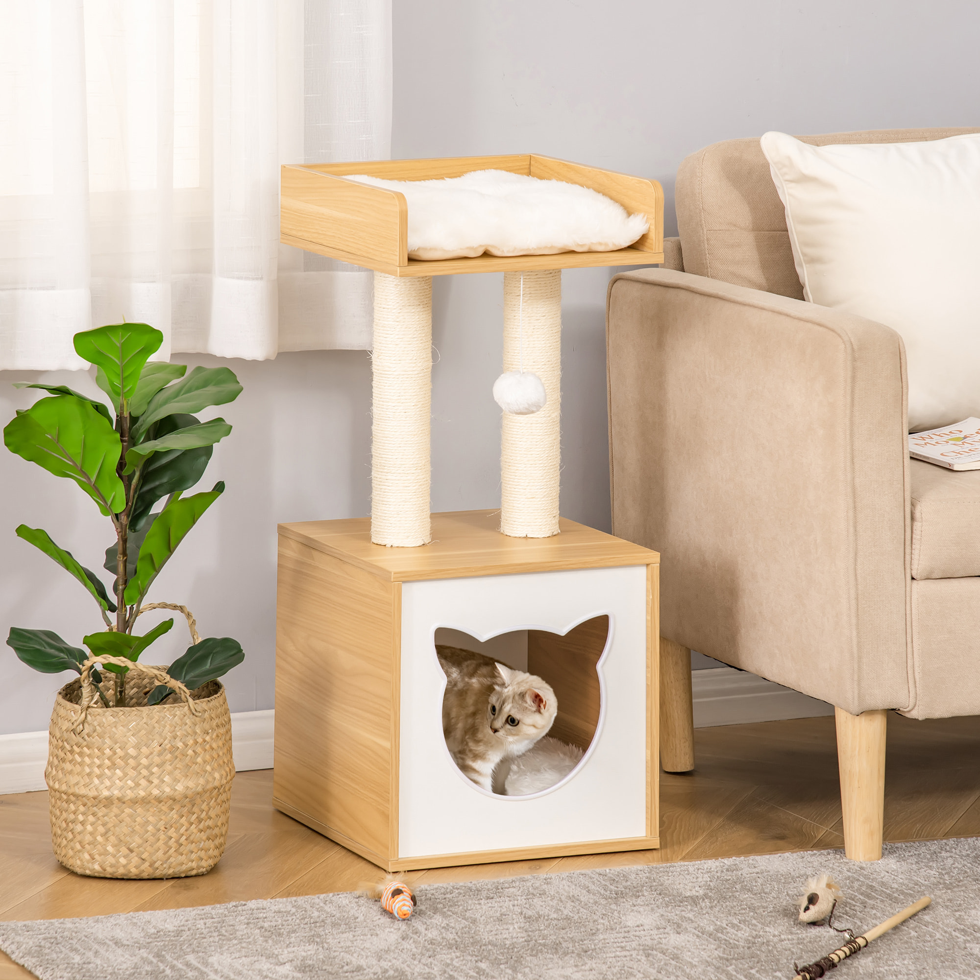 árbol para Gatos de 2 Niveles con Cueva Cama Superior Postes Rascadores de Sisal Natural Cojines Lavables y Bola de Juguete 35x35x81 cm Roble y Blanco