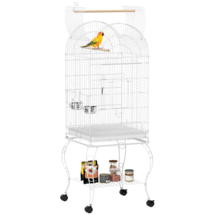 Jaula para Pájaros con Ruedas y Estante, 51x51x153 cm, Jaula Grande con Parte Superior Abatible, 2 Comederos, 2 Perchas, 4 Puertas y Bandeja Extraíble, para Loros y Canarios, Blanco