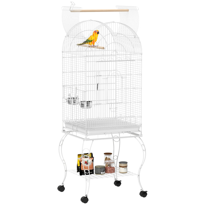 Jaula para Pájaros con Ruedas y Estante, 51x51x153 cm, Jaula Grande con Parte Superior Abatible, 2 Comederos, 2 Perchas, 4 Puertas y Bandeja Extraíble, para Loros y Canarios, Blanco