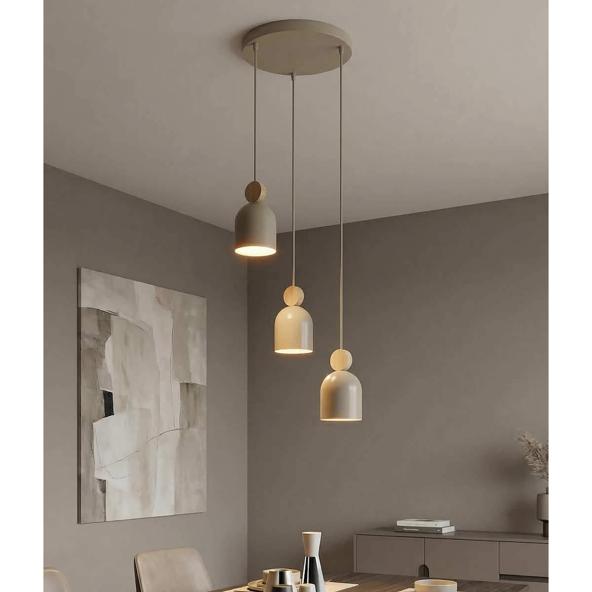 Lampada a sospensione MESI in acciaio beige e legno