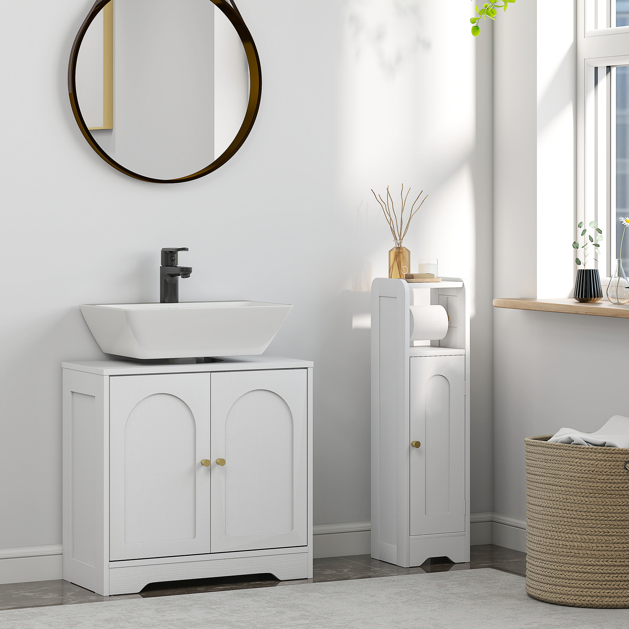 Mueble bajo Lavabo Mueble de Baño con 2 Puertas con Diseño de Arco Estante Ajustable Tiradores Dorados para Lavabo con o sin Pedestal 60x30x65 cm Blanco