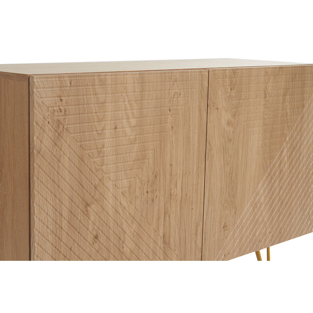 Buffet design gravé finition bois clair chêne et métal doré 2 portes L107 cm OZEN