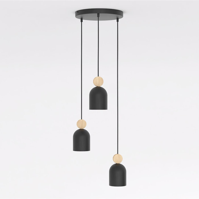 Lampada a sospensione Mesi in acciaio nero e legno naturale