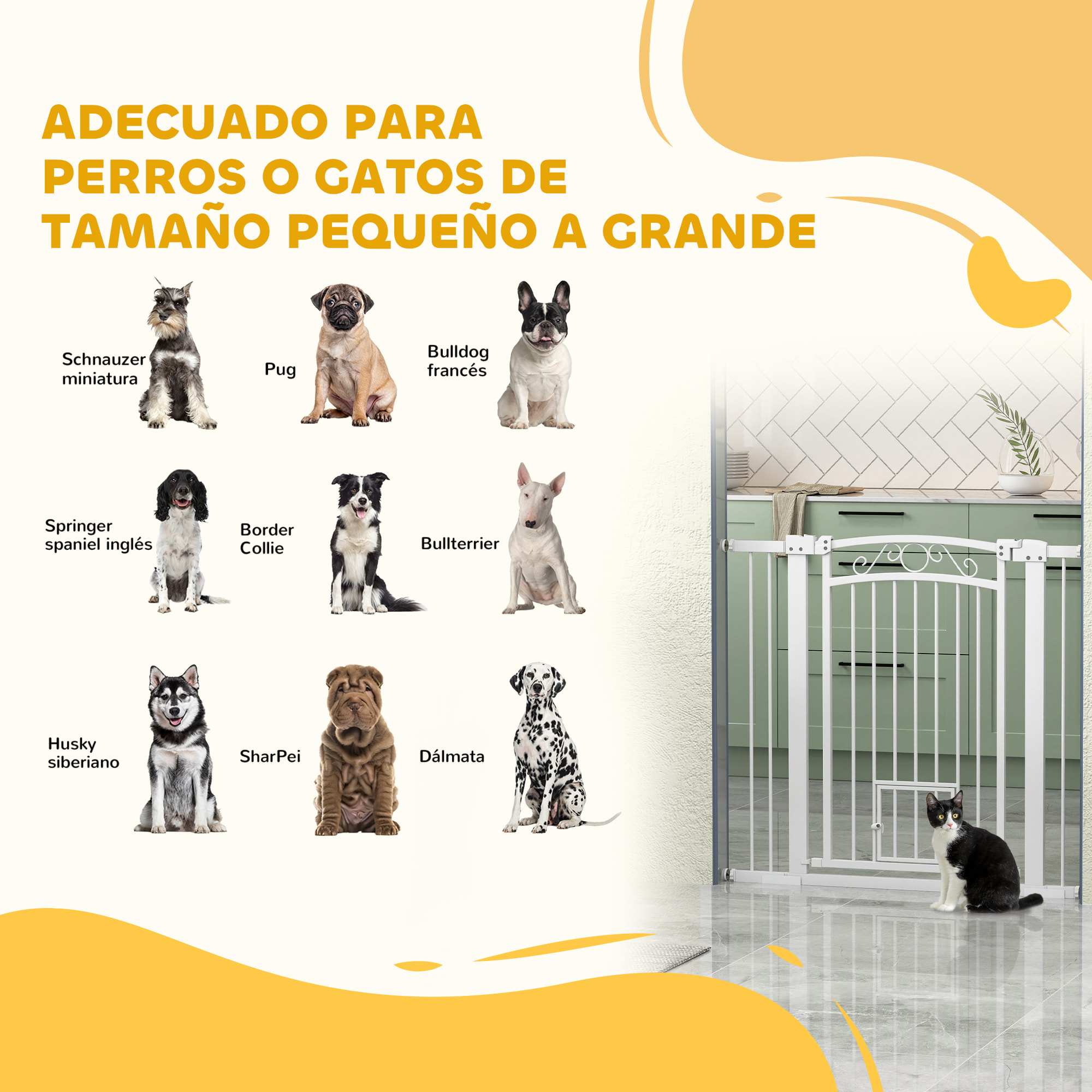 Barrera para Perros Puerta para Perros con Ancho Ajustable 76-104 cm Barrera de Seguridad para Perros con 2 Extensiones Doble Bloqueo y Puerta Pequeña para Escaleras y Puertas Blanco
