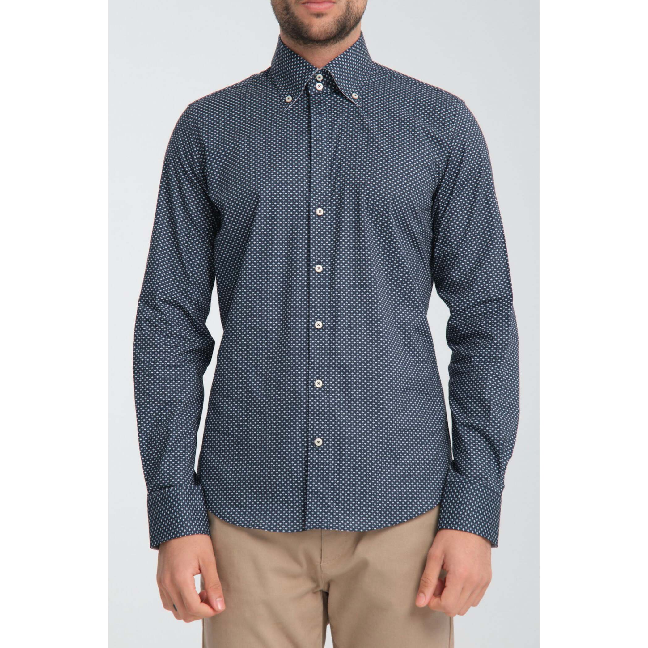 Camicia Uomo 2 Bottoni Button Down Slim Popeline Stretch Stampato Blu\Bianco