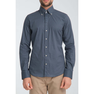 Camicia Uomo 2 Bottoni Button Down Slim Popeline Stretch Stampato Blu\Bianco