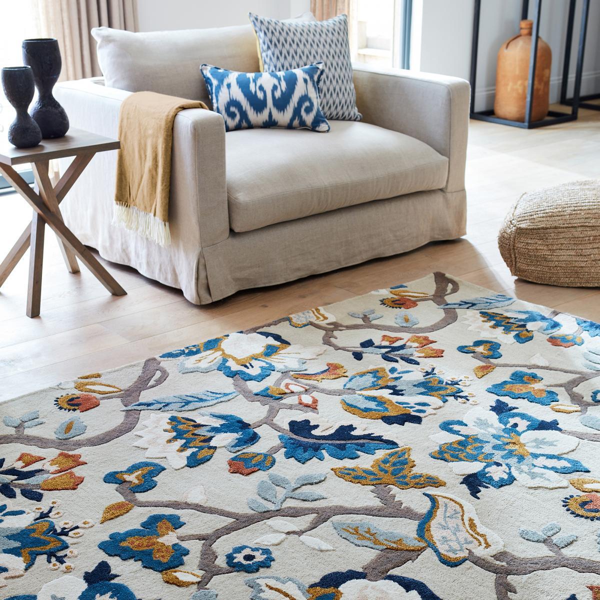 Tapis salon et chambre fait à la main en laine motif floral PIAL