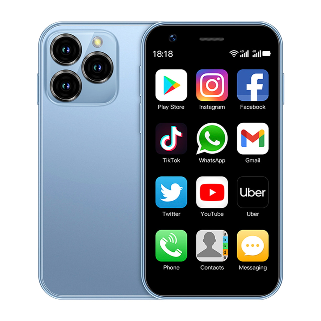 DAM Mini smartphone XS16 4G, Android 8.1, 2GB RAM + 16GB. Pantalla 3''.Doble tarjeta SIM. 4,5x1,2x10,2 Cm. Color: Azul