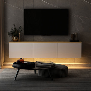 HAMPTON Meuble TV LED suspendu avec placards blanc et plateau bois 160cm