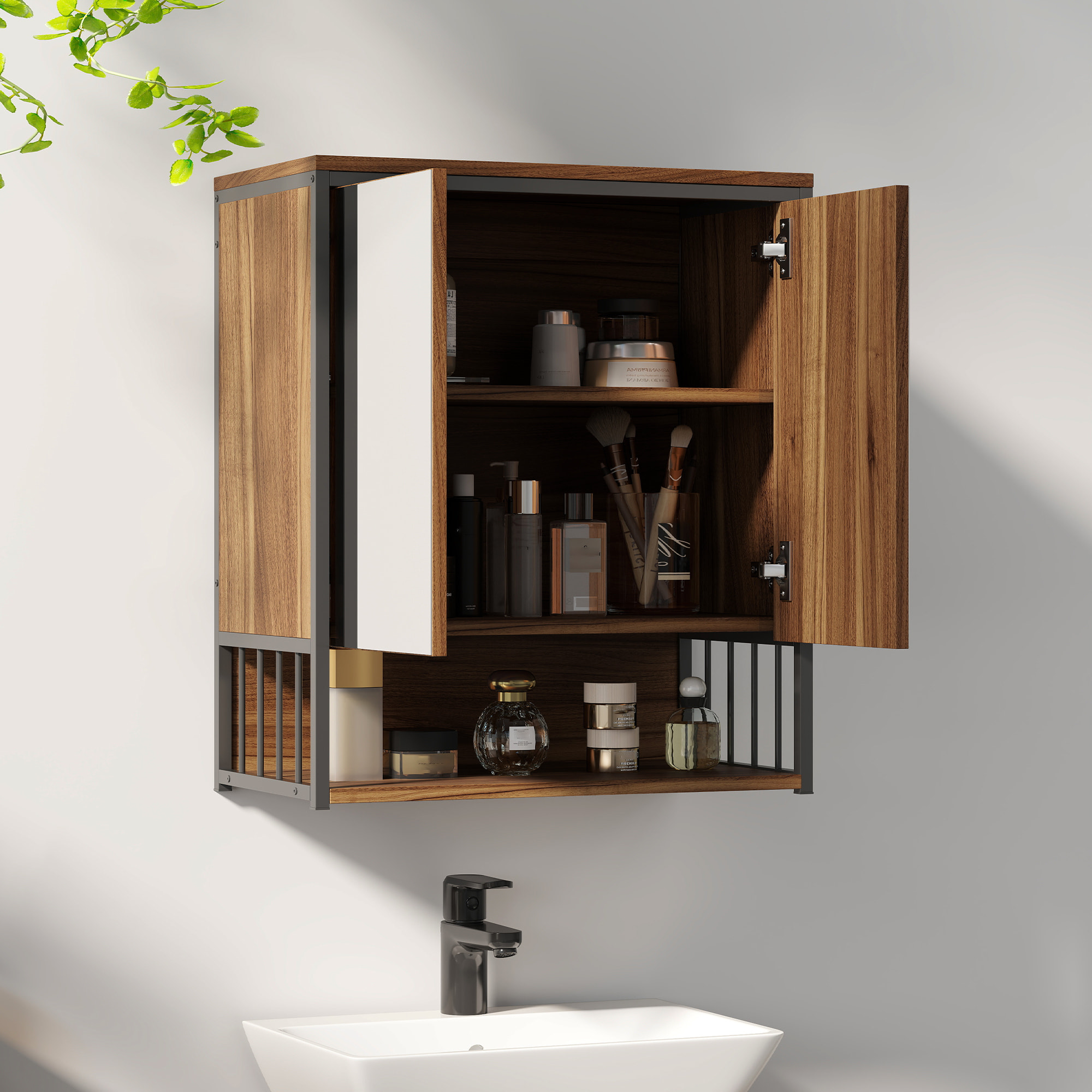 Armoire miroir murale salle de bain 2 portes design - étagère, niche - métal noir effet bois noyer