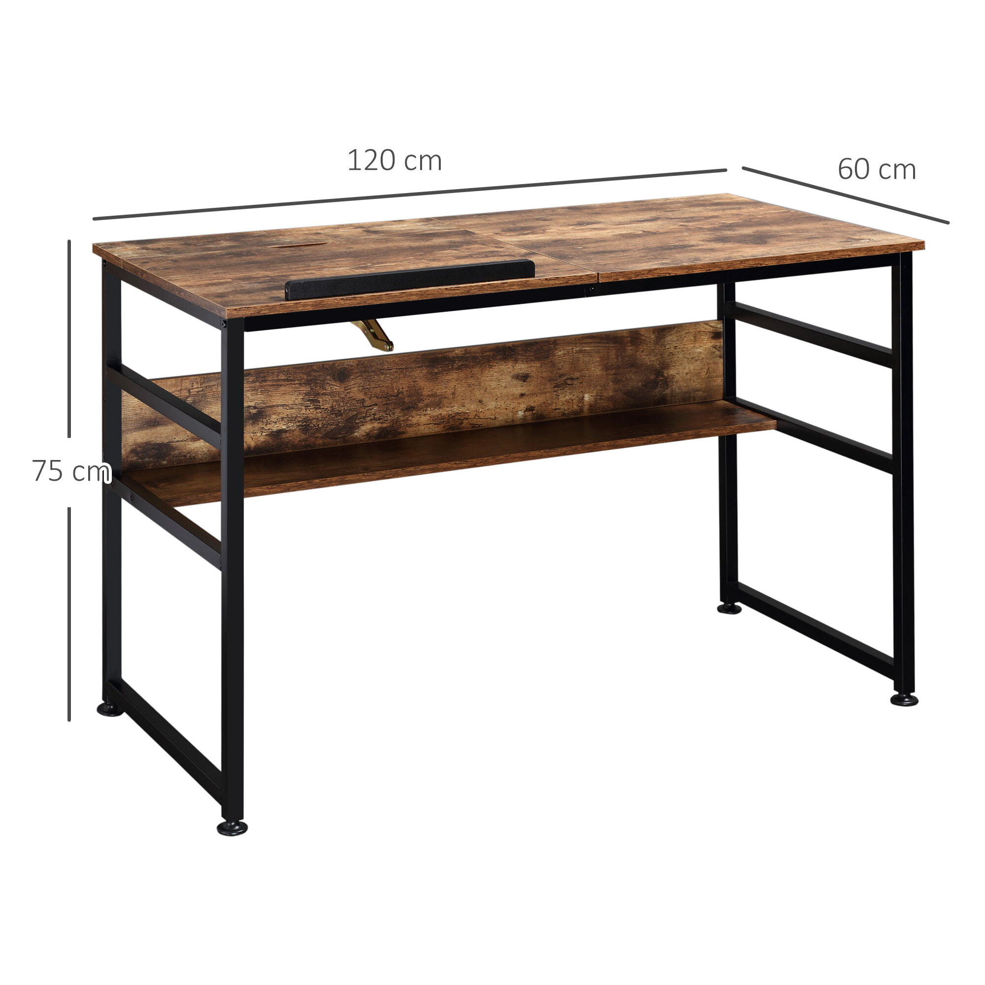 Bureau informatique design industriel - plateau relevable, étagère -  panneaux particules aspect vieux bois métal noir