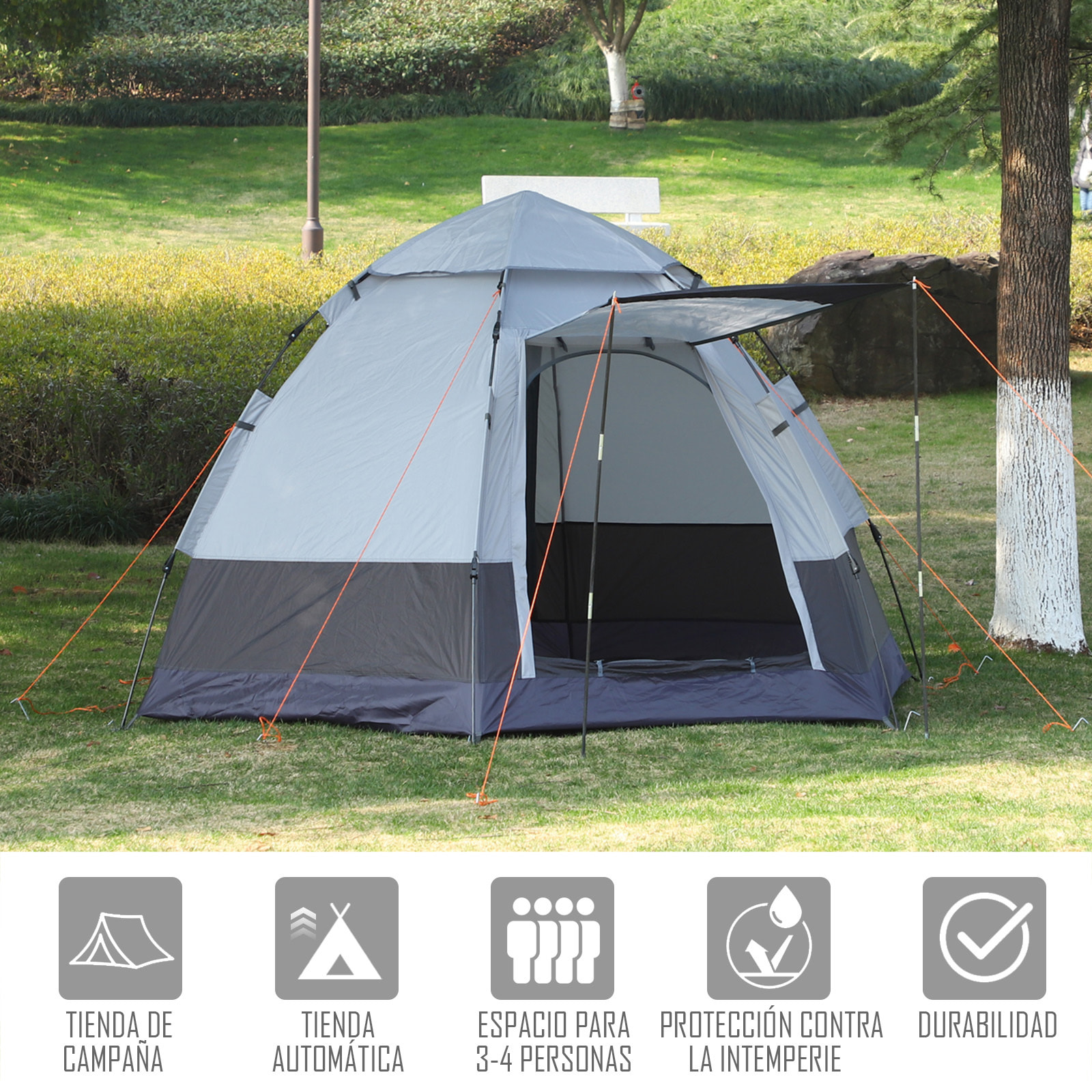 Tienda de Campaña para 2-3 Personas Tienda de Camping Plegable con 2 Puertas Impermeable Anti-UV Palanca Automática y Bolsas para Senderismo Playa 260x260x150 cm Negro y Gris