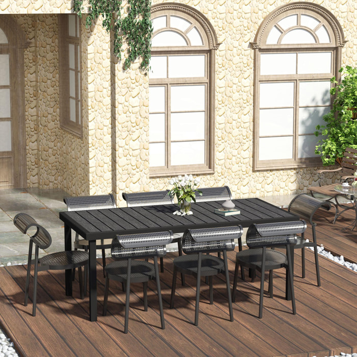 Table de jardin rectangulaire pour 8 personnes en aluminium plateau PE à lattes aspect bois dim. 190L x 90l x 74H cm noir