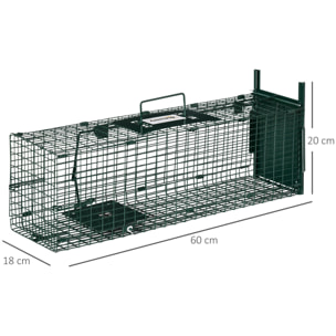 Trampa para Animales Vivos con Puerta Jaula de Captura Metálica con Asa para Conejos Visones Pequeños 60x18x20 cm Verde Oscuro