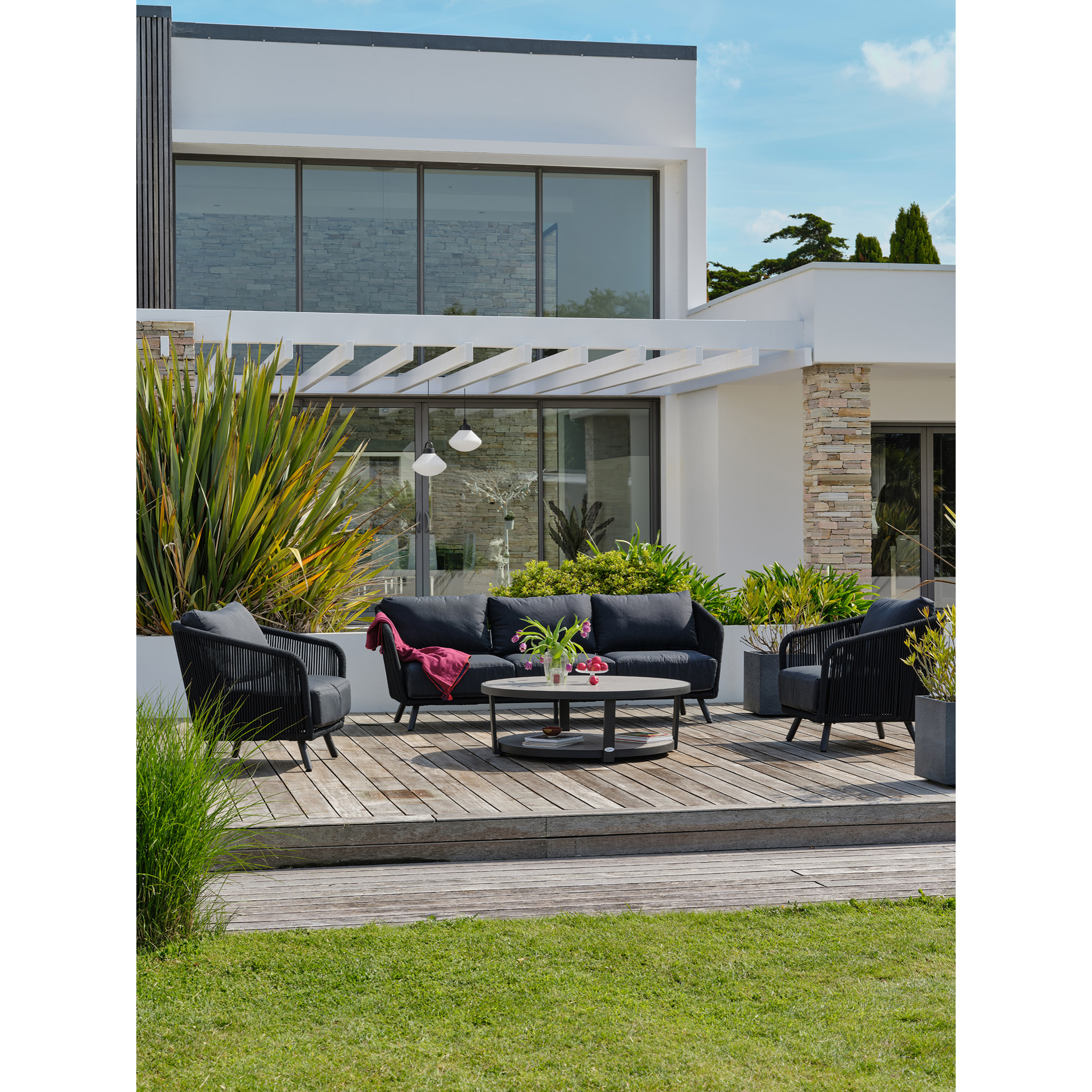 BIARRITZ - Salon bas de jardin 5 places en aluminium et corde tissée