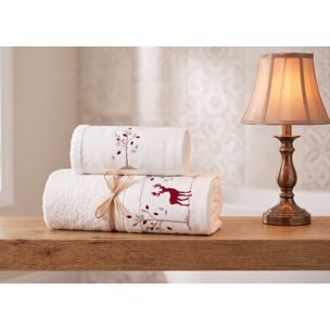 Set Asciugamano Ospite in Spugna 100% Cotone Fantasia Tirolese Natalizia Disegno Renna Bosco Bianco