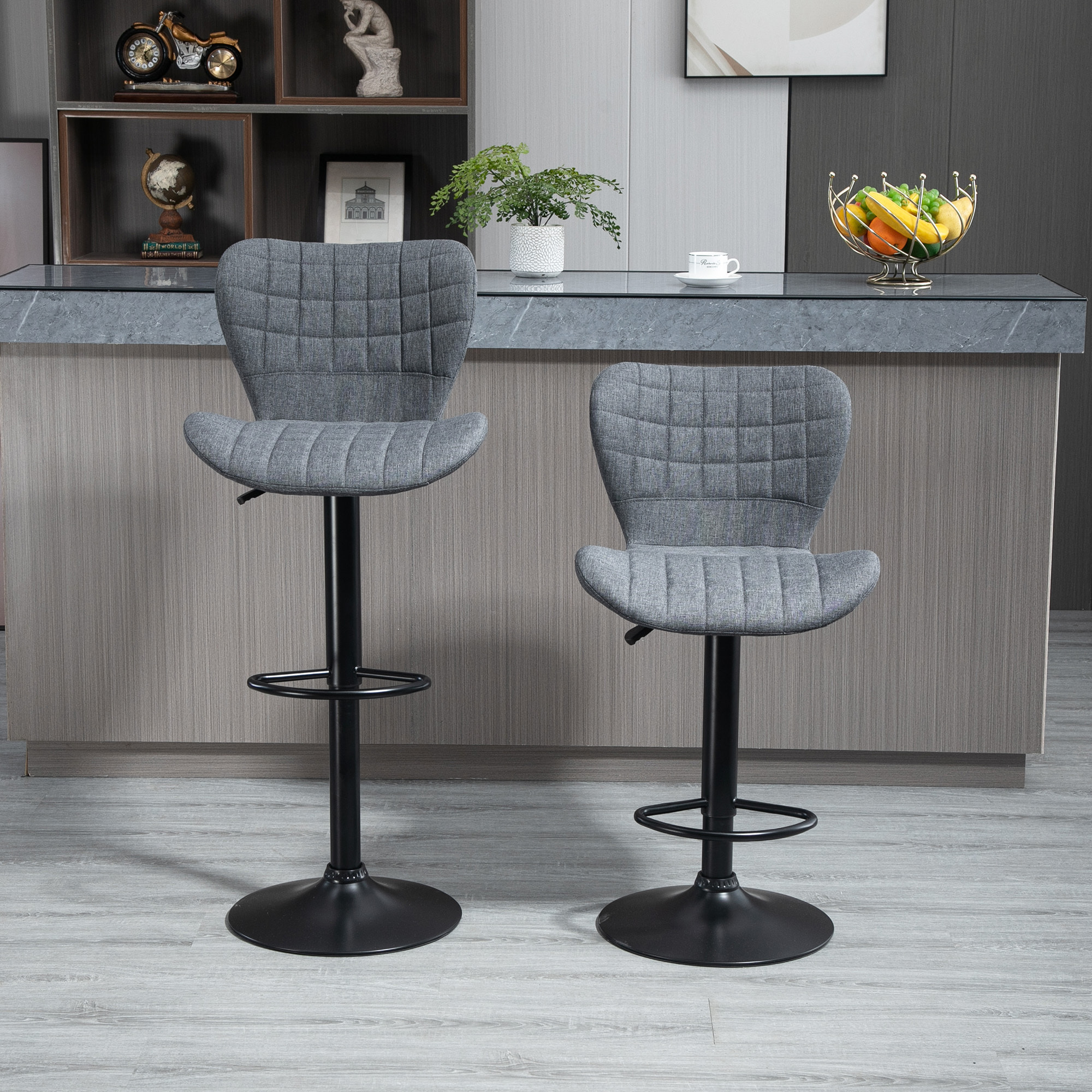 Lot de 2 tabourets de bar design dossier incurvé capitonné hauteur d'assise réglable 61-81 cm pivotant 360° repose-pied velours gris