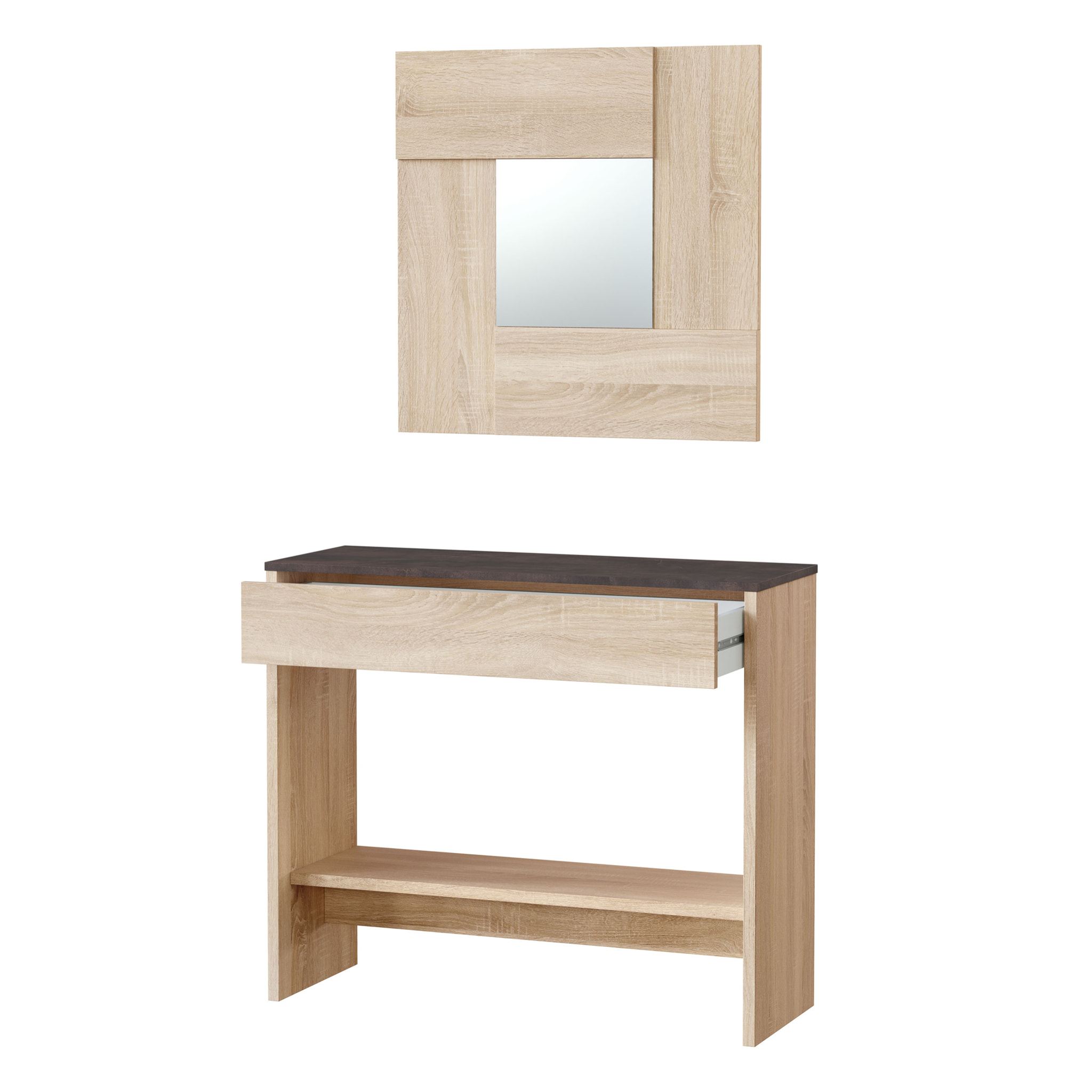 Consolle Mobile Ingresso Con Cassetto Ripiano E Specchio Quadrato Design Salvaspazio Moderno Per Soggiorno Camera Cameretta 92x33x79 cm Rovere