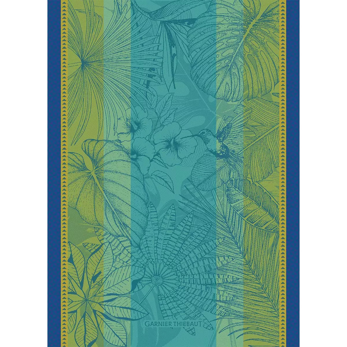 Torchon pur coton motif jacquard bleu vert Plantes exotiques baltique