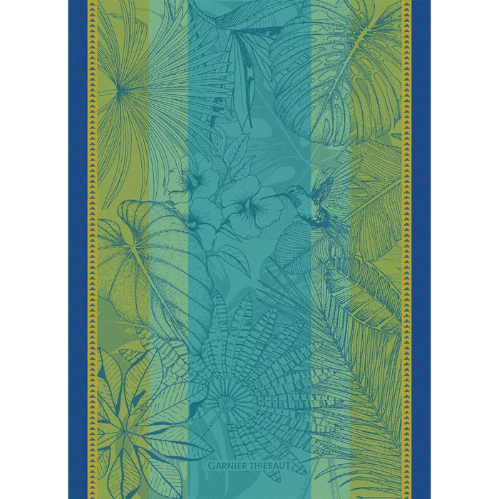 Torchon pur coton motif jacquard bleu vert Plantes exotiques baltique