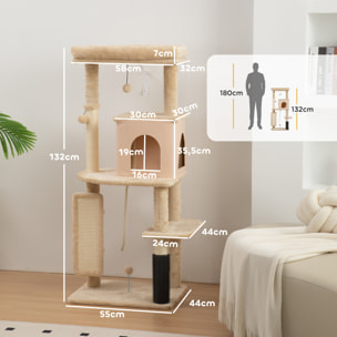 Árbol Rascador para Gatos Grande Altura 132 cm Árbol para Gatos Torre para Gatos con Plataformas Poste con Cepillo Bolas Colgantes y Almohadilla para Rascar Beige