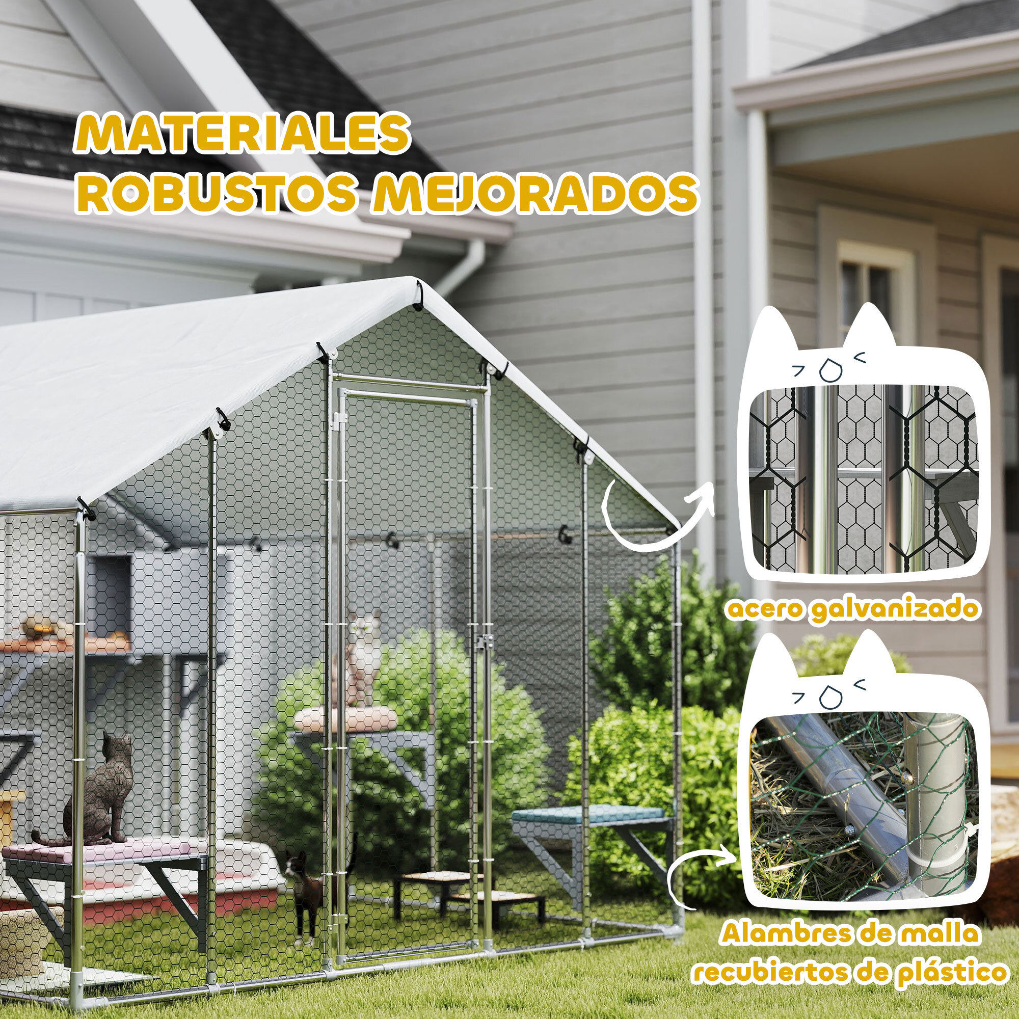 Jaula Grande para Gatos Exterior, Recinto para Gatos con 2 Casitas, 7 Plataformas para Saltar, Cubierta Impermeable y Anti-UV, Parque para 5 Gatitos, Conejos, 240x193x195 cm, Plata