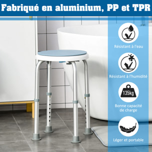 Tabouret de douche siège de douche - hauteur réglable, pivotant 360° - alu PP blanc bleu