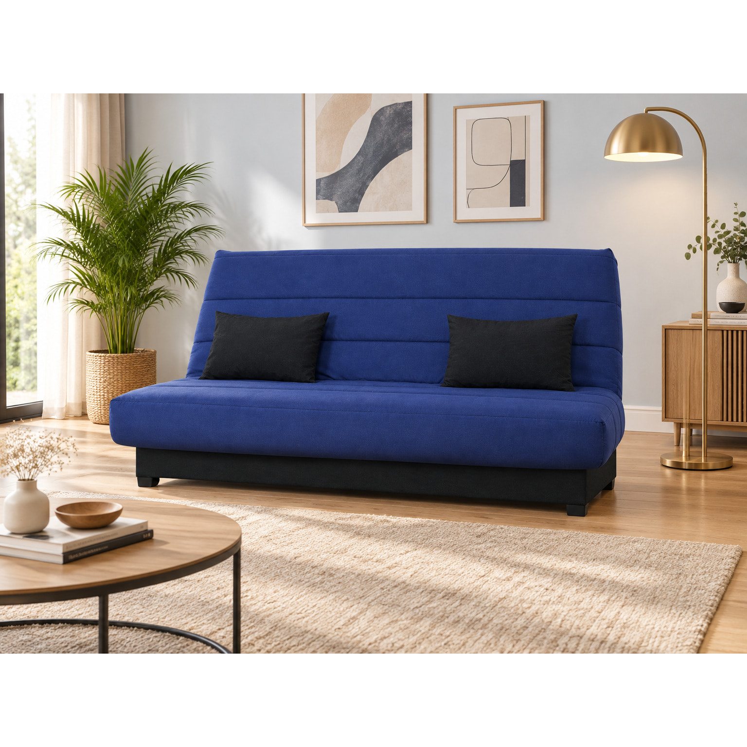 Canapé convertible Salma, matelas Simmons, 130 x 190 cm, 2 coussins offerts, marine