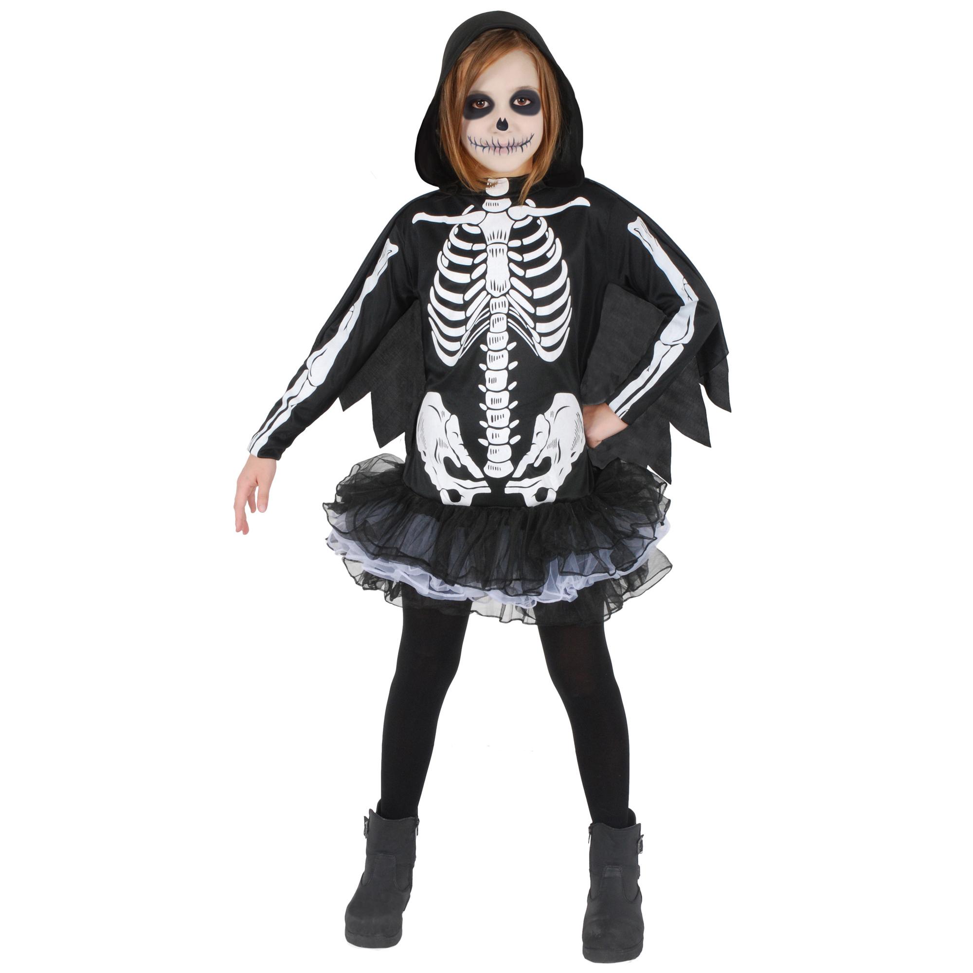 Lady Skeletrina Costume Halloween Vestito Con Cappuccio Nero Bianco Bambina