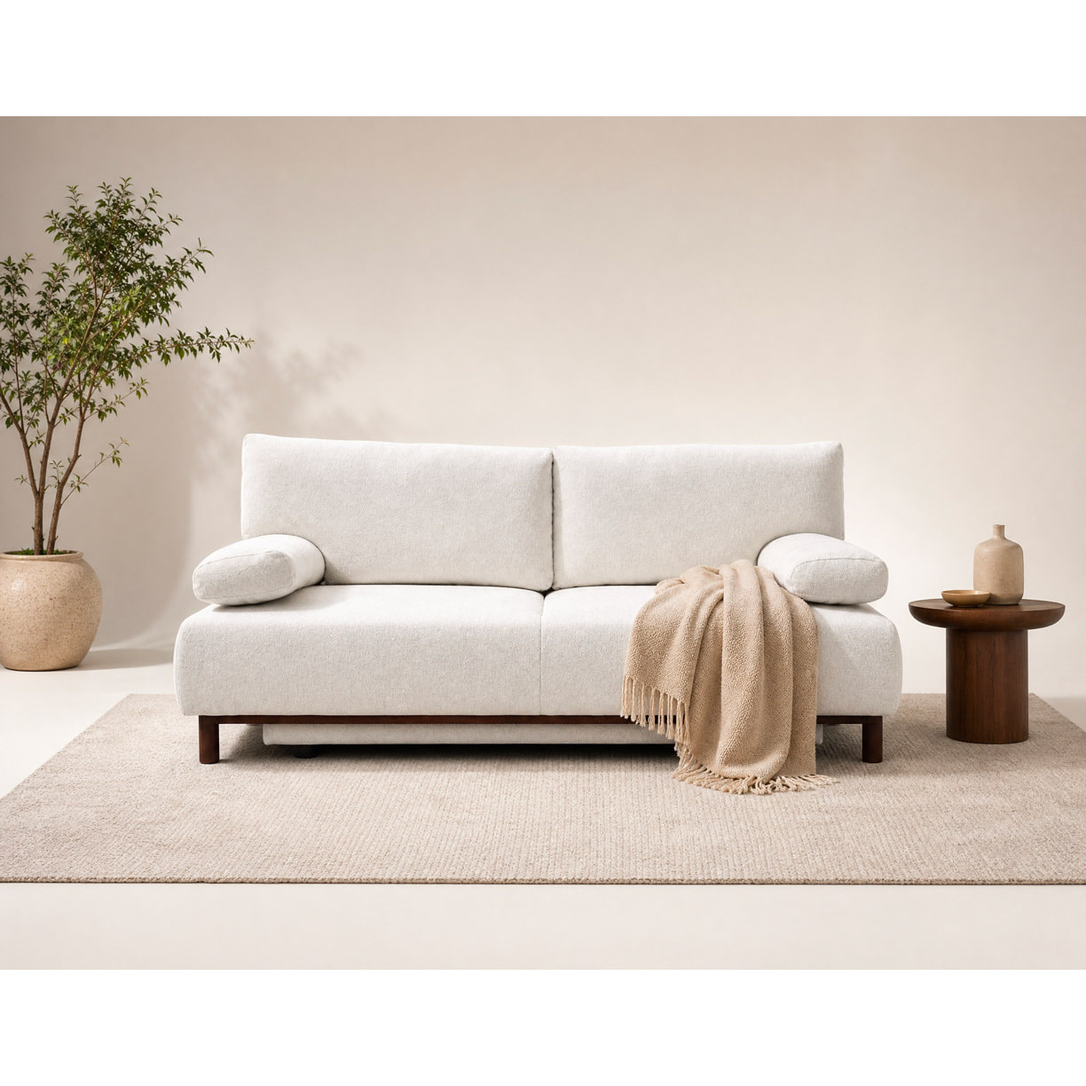Hortense - Canapé droit 3 places convertible avec coffre en velours texturé - Beige