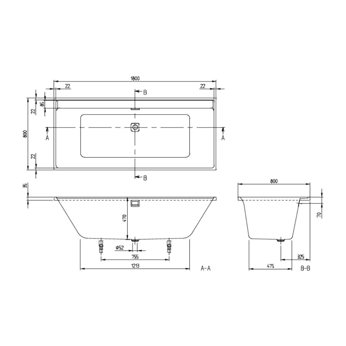 Baignoire droite 180 x 80 VILLEROY & BOCH Collaro Blanc Mat