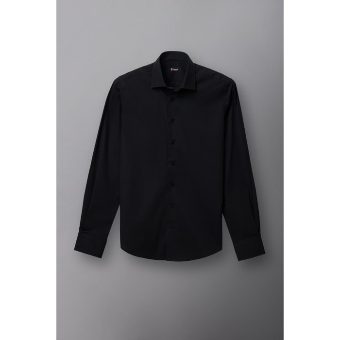 Camicia Uomo 1 Bottone Francese Slim Popeline Stretch Unito Nero