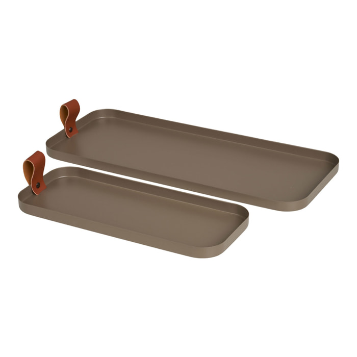 Set 2 vassoi rettangolari in acciaio marrone con manico in pelle — Vikasa Home