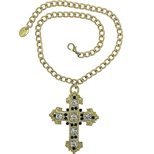 Collar cruz con cristales de sw en cristal y negro sobre dorado. 50cm