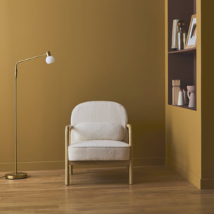 Fauteuil scandinave bois d'hévéa et dossier arrondi en bouclette blanche - AMELIE