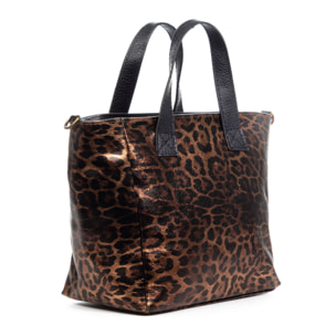 Cassandra borsa tote donna. Pelle autentica Camoscio, stampa animale leopardata, finitura lucida.