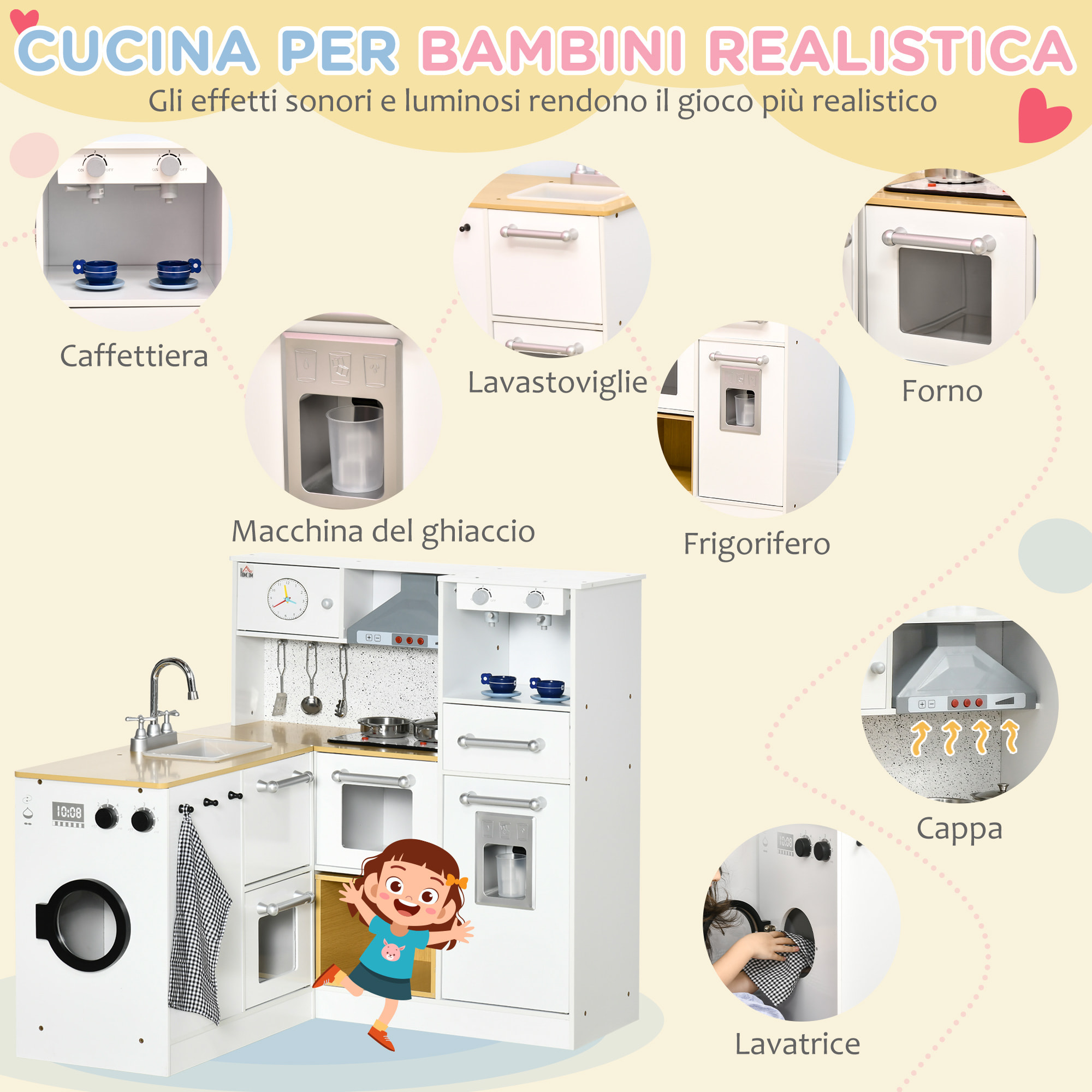 HOMCOM Cucina Giocattolo 2 Pezzi per Bambini 3-6 Anni con Utensili da Cucina, Luci ed Effetti Sonori, in MDF e PP