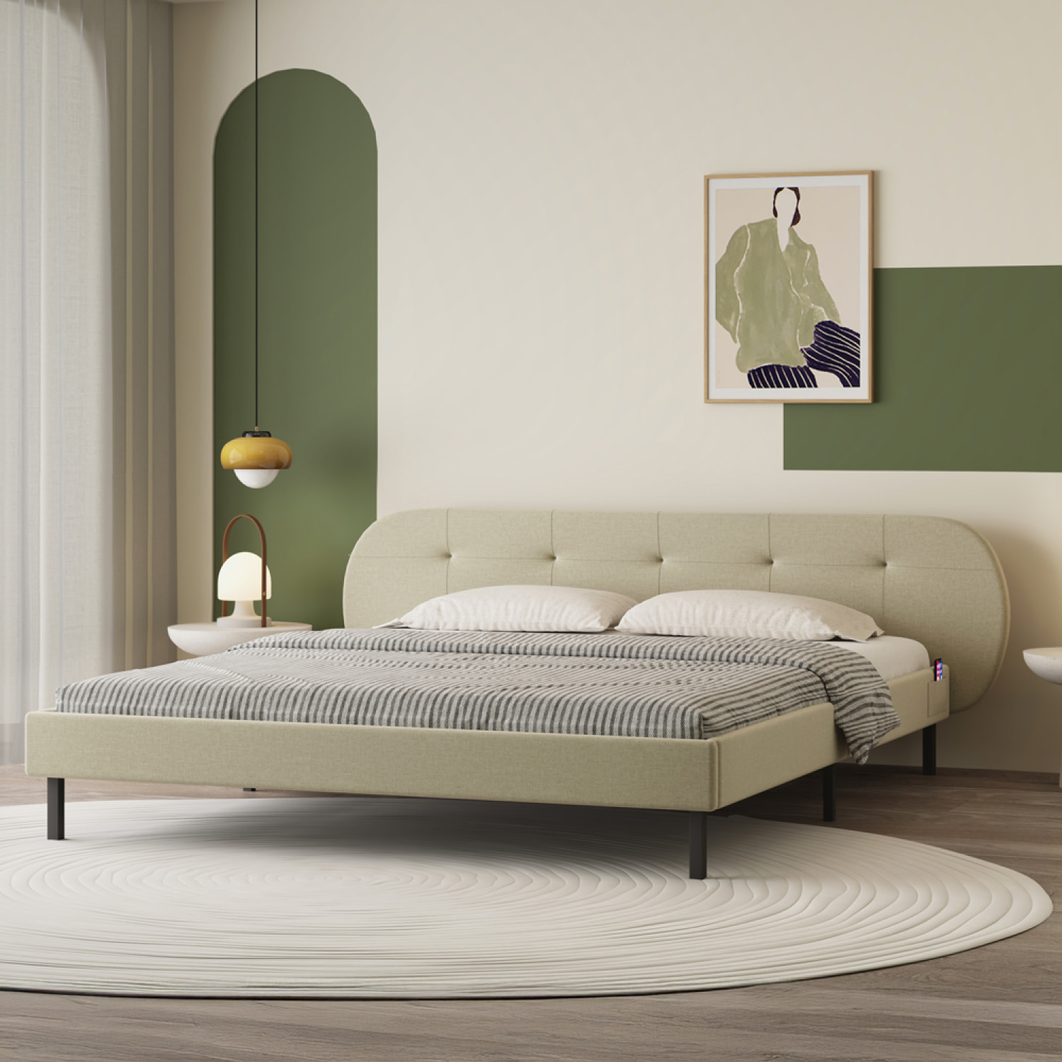 RENO Lit capitonné 140x190cm beige avec tête de lit et sommier