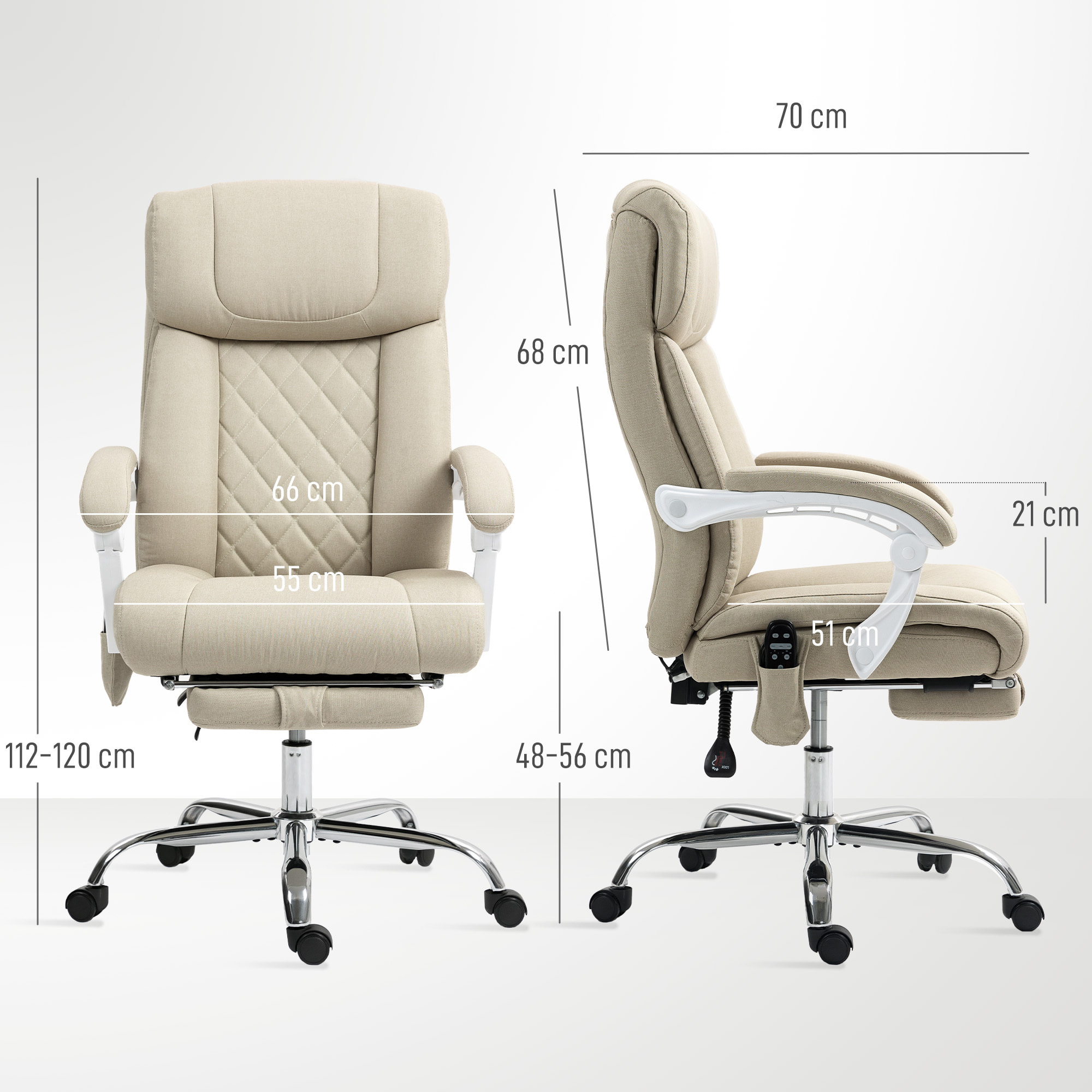 Silla de Oficina con Masaje de 6 Puntos Reclinable Silla de Escritorio Giratoria con Función de Calefacción Altura Ajustable Reposapiés Respaldo Alto y Mando a Distancia para Estudio Beige