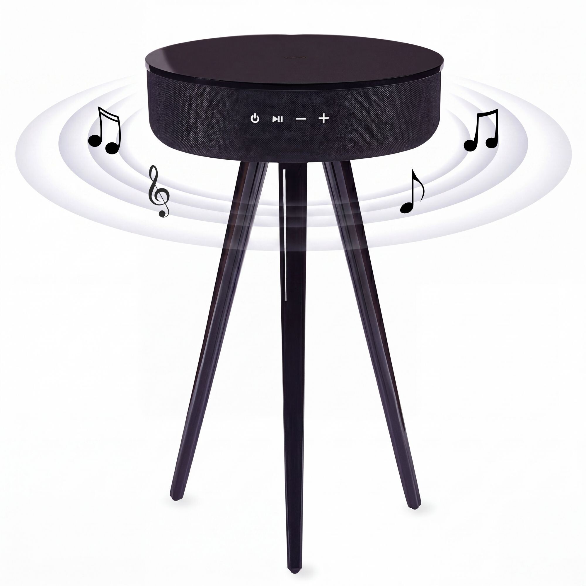 Mesa auxiliar altavoz portátil con sonido de 30W, Bluetooth, base de carga inalámbrica, batería de 2200mAh. Mesilla o mesita para dormitorio o sala de estar - TD Systems SM30B11WN [Lacado negro]