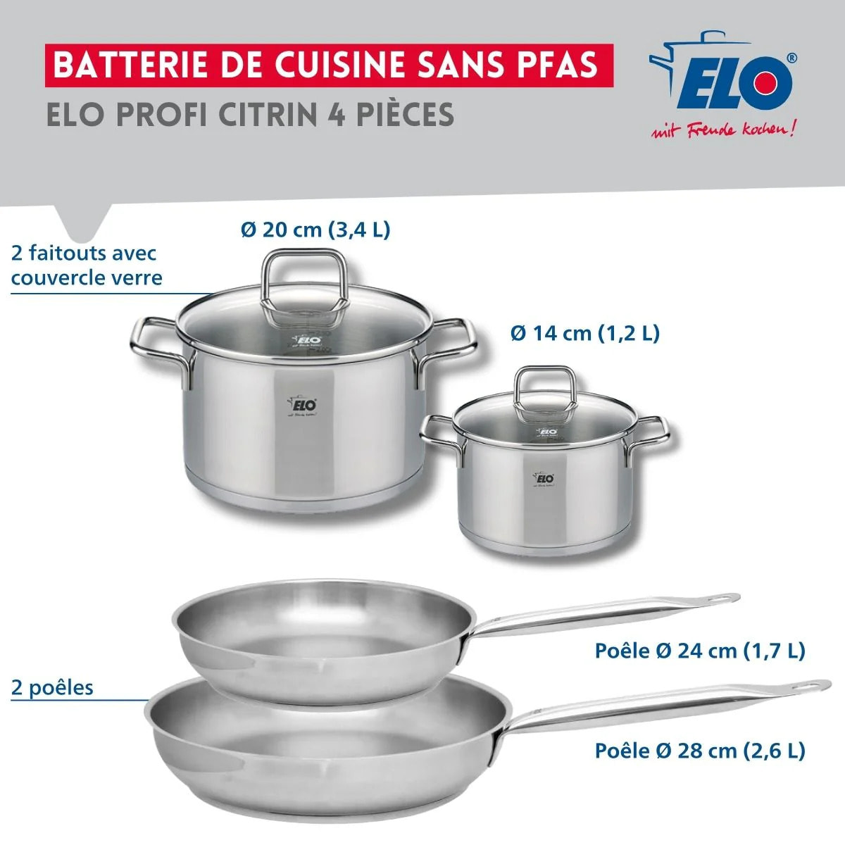 Set de 2 Poêles de cuisson 24 et 28 cm et 2 faitouts 14 et 20 cm Elo Profi Citrin