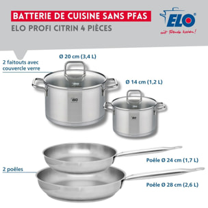 Set de 2 Poêles de cuisson 24 et 28 cm et 2 faitouts 14 et 20 cm Elo Profi Citrin