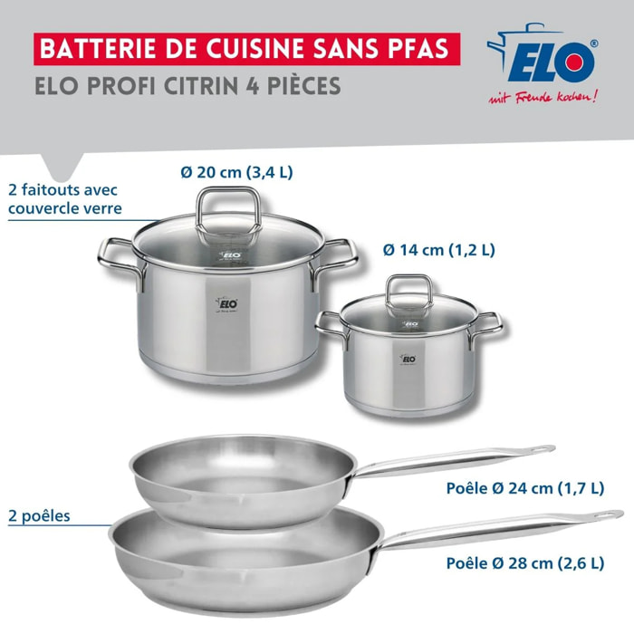 Set de 2 Poêles de cuisson 24 et 28 cm et 2 faitouts 14 et 20 cm Elo Profi Citrin