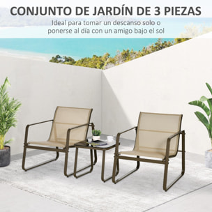 Outsunny Conjunto de Muebles de Jardín 3 Piezas Mesa de Vidrio Templado 43x43x41 cm y 2 Sillas 62x78x75 cm con Reposabrazos y Respaldo Transpirable para Terraza Balcón Caqui