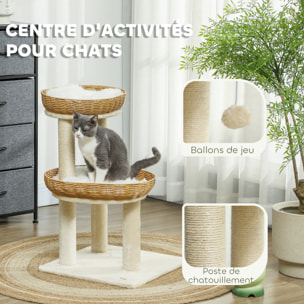 Arbre à chat style bohème aspect rotin tressé - griffoirs, 2 paniers coussins effet fourrure, balle suspendue - beige