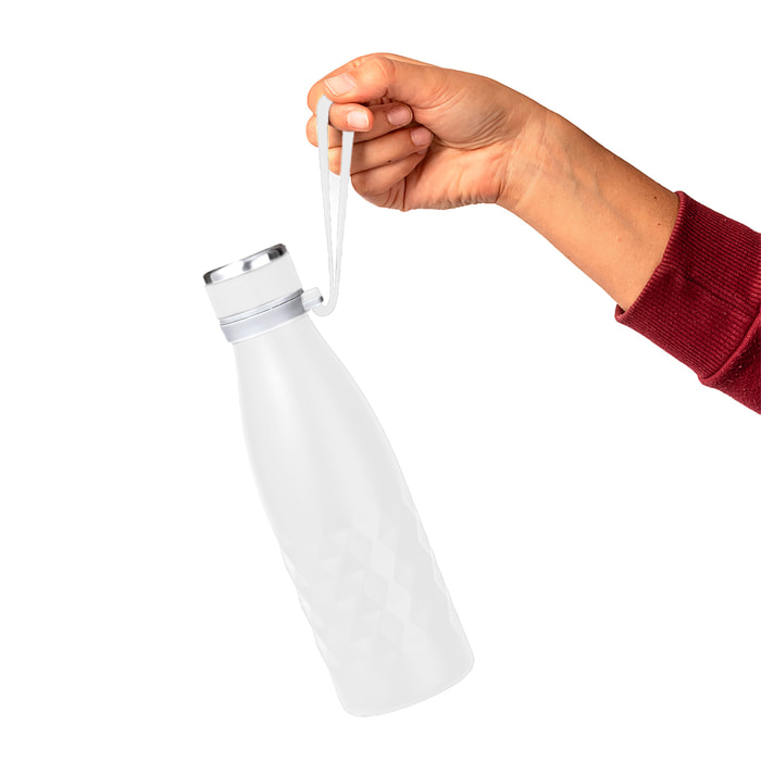 Bidón térmico de 550 ml de capacidad en acero inox de doble pared, con tapón a rosca y asa a juego en silicona.