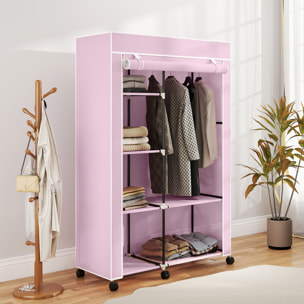 Armario de Tela con Ruedas, Armario Portátil, con Barra para Colgar, 6 Estantes, Marco de Acero, para Dormitorio, Vestidor, 103x43x162,5 cm, Rosa