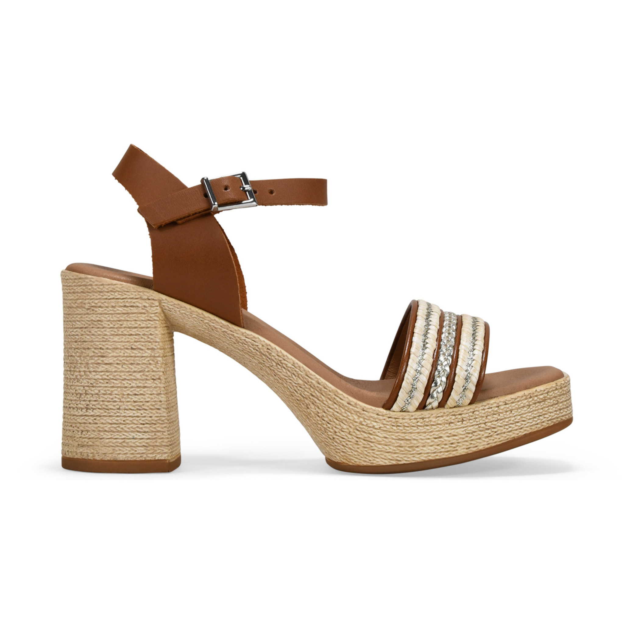 Sandalias marrrones en piel con tacón efecto esparto