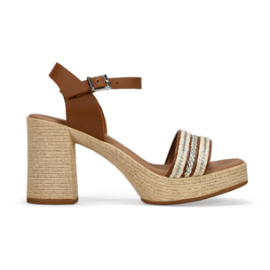 Sandalias marrrones en piel con tacón efecto esparto