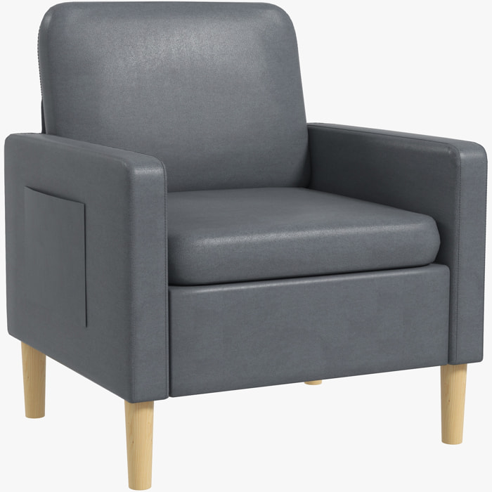 Butaca de Salón Sillón Relax con 2 Bolsillos Laterales Reposabrazos Asiento Acolchado y Patas de Madera Sofá Individual de Moderno para Dormitorio 73x79x87 cm Gris